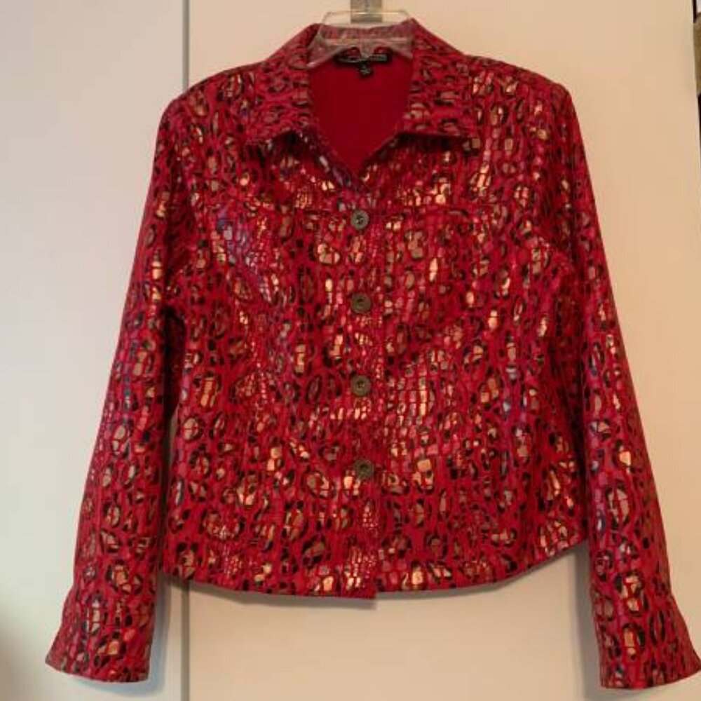Beautiful Women's Size Large Red Tones Metallic Button Jacket